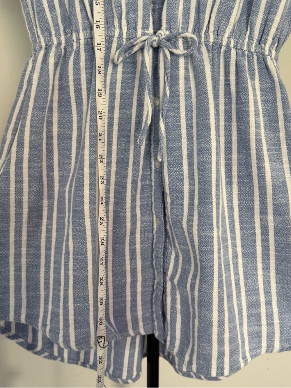 Blue White Button-up Swim Cover-up Dress 100% Cotton Collared Pockets Large Prep - Picture 10 of 13